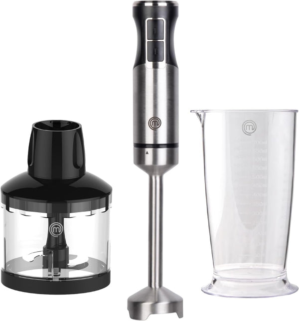MasterChef Handheld Immersion Blender, 400W Stainless Steel Emulsifier with Chopper Attachment & Measuring Jug for Baby