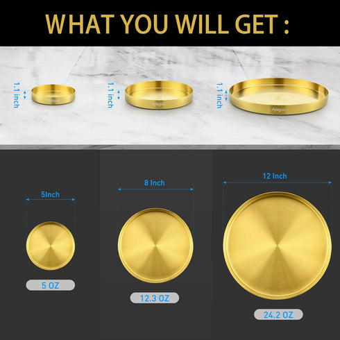 Ajiaguo Counter (5"W+ 8"W+ 12"W 1.1"H) Gold Tray Round Serving Platter - Metal Decorative Plate for Bar Club Lounge