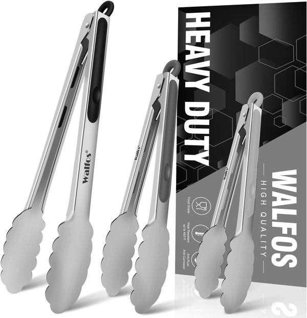 Walfos Stainless Steel Kitchen Tongs - 7, 9, and 12 Inch, Set of 3 Heavy Duty Locking Tongs for BBQ