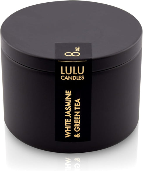 Lulu Candles White Jasmine & Green Tea Scented Candle, Luxury Hand Poured Soy Tin Candle, Highly Scented (8 Oz. Tin)