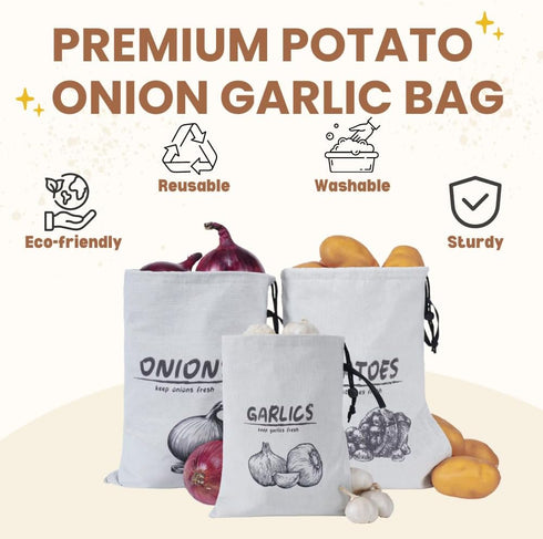 Potato Onion Garlic Storage Bag, Reusable Vegetable Storage Bags with Drawstring Closure, 3 Packs (Potato Onion Garlic