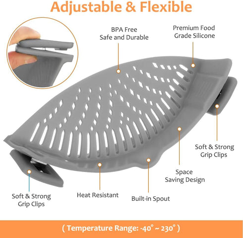 YEVIOR Clip on Strainer for All Pots, Silicone Pasta Strainer Kitchen Gadgets, Collapsible Colander (Grey)