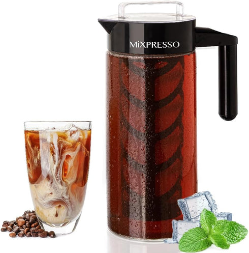 Mixpresso Cold Brew Maker for Iced Coffee and Tea, 44oz Glass Pitcher, Easy to Clean Reusable Mesh Filter