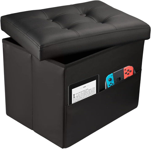 Collapsible Ottoman with Storage - Foot Rest Ottoman with Side Pocket -