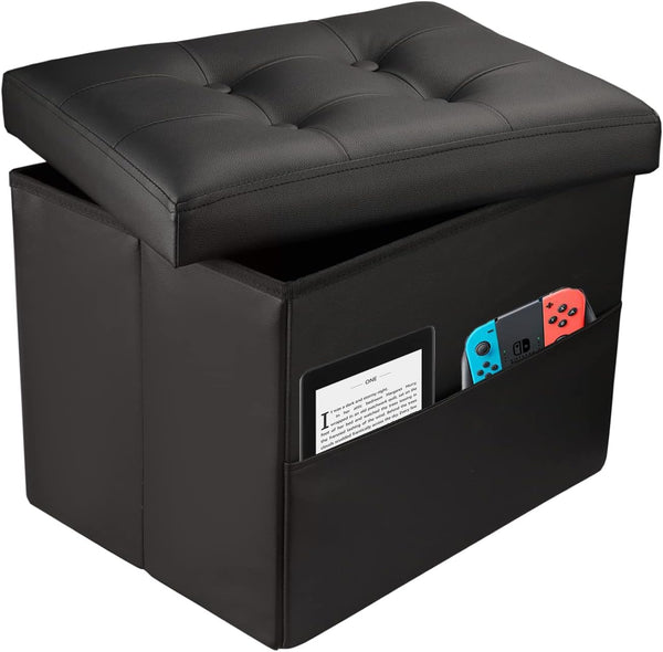 Collapsible Ottoman with Storage - Foot Rest Ottoman with Side Pocket -