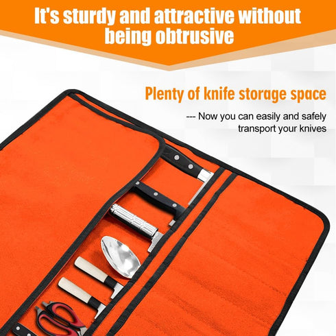 Orange Chef Knife Bag with 20 Slots, Cutlery Knives Holders, Portable Canvas Knife Roll Storage for Cooking