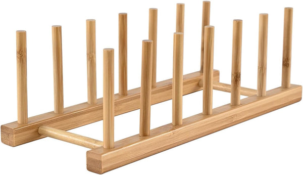 INNERNEED Bamboo Wooden Dish Rack, Vertical Plate & Lid Organizer for Kitchen Cabinet or Countertop, Drying Stand