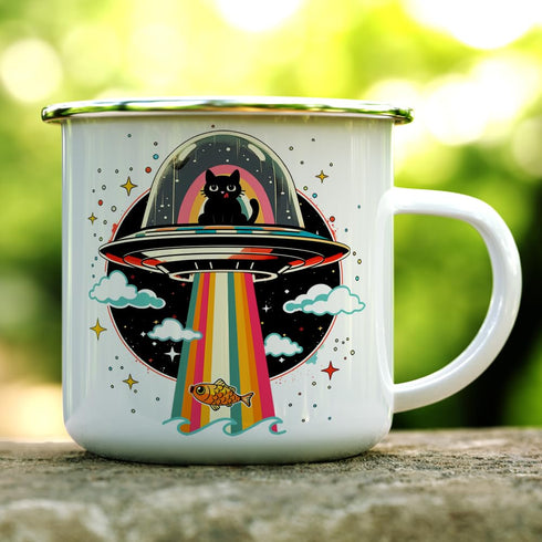 Retro UFO Cat Fish Abduction Enamel Campfire Mug, Fun Outdoor Camping Coffee Cup (12oz)