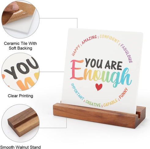 LHIUEM You are Enough Motivational Desk Decor, Rainbow Inspirational Sign with Wood Stand (4”x 4“)