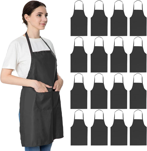 Total 16PCS of Black Bib Aprons Bulk for Women Men-Adult Waitress Chef