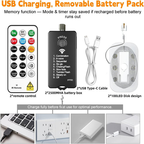2-Pack 33FT 100LED 8 HXWEIYE Fairy Lights Battery Operated (Included) with Remote & Timer, Modes Rechargeable Twinkle