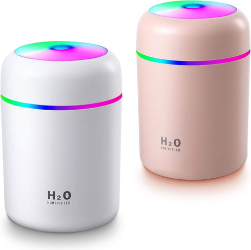 2 Pieces Portable Mini Humidifiers, 300 ml Quiet USB Desktop Humidifier with 2 Mist Modes and Auto Shut Off (Pink,