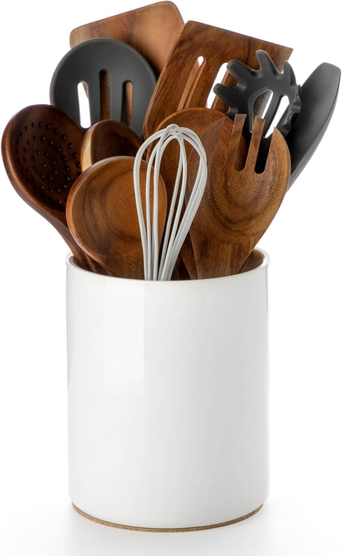 Nucookery 6.4" Ceramic Utensil Holder - Kitchen Decor with Countertop-Protection Cork Bottom (White)