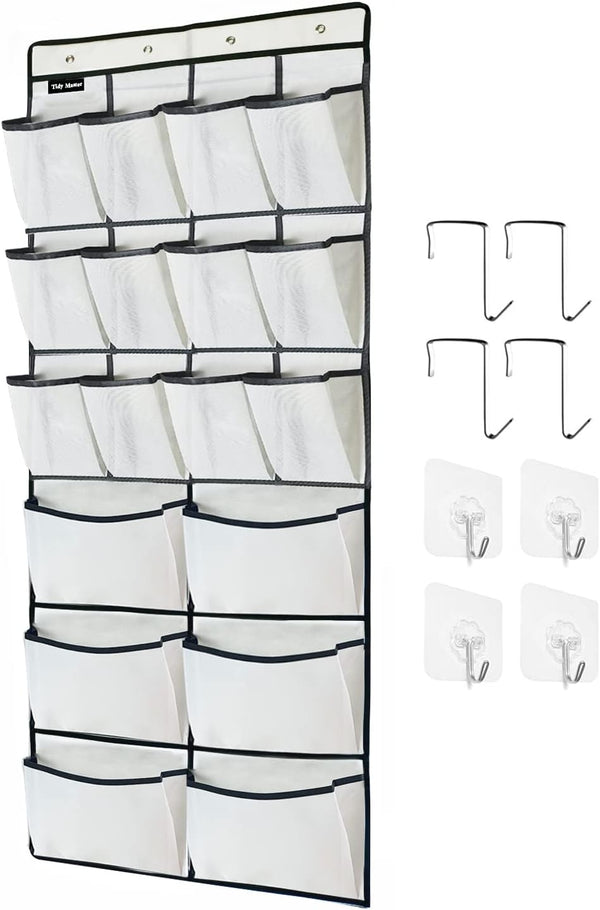 1 Pack Extra Large Hanging Over Door Shoe Organizer - 12+6 Pockets Shoe Rack for Closet Bedroom (White, 59 x 21.6 inch)