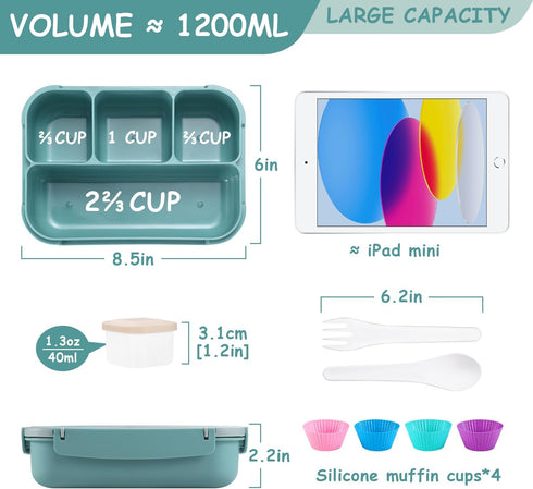 Bento Box Adult Lunch Box, Bento Box for Kids, 1200 ML Lunch Containers for Adults, Food Storage Container With 4 Compartments, Leak-Proof, Microwave, Dishwasher Safe