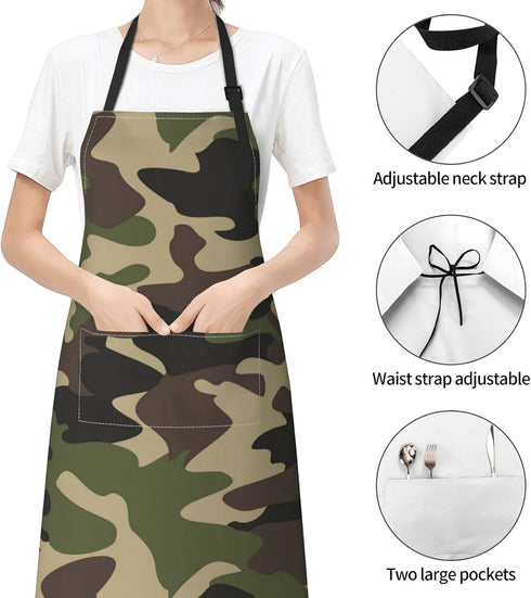 Waterproof Green Camo Apron with 2 Pockets, Amy Camouflage Kitchen Chef Bibs for Cooking, Baking, Gardening