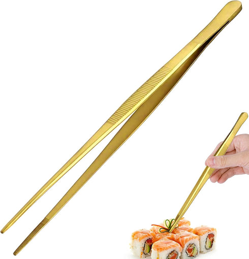 Tongs Tweezers - 12 Inch Long Food Tongs, Straight Serrated Forceps Cocktail Tweezers Bar Tool in Gold