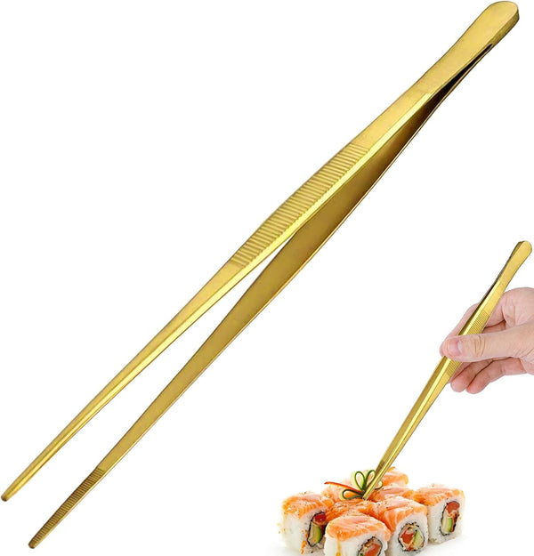 Tongs Tweezers - 12 Inch Long Food Tongs, Straight Serrated Forceps Cocktail Tweezers Bar Tool in Gold