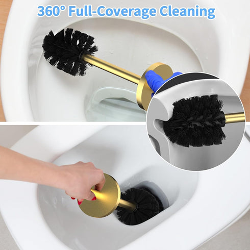 Flyzenvibe Set Stainless Steel Toilet Brush and Holder Brushed Gold Heavy Duty Toilet Bowl Brush with Long Handle