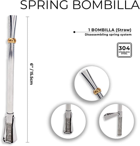 Stainless Steel Yerba Mate Spring Bombilla (Straw) Made in Argentina with Unique Disassembling Spring System