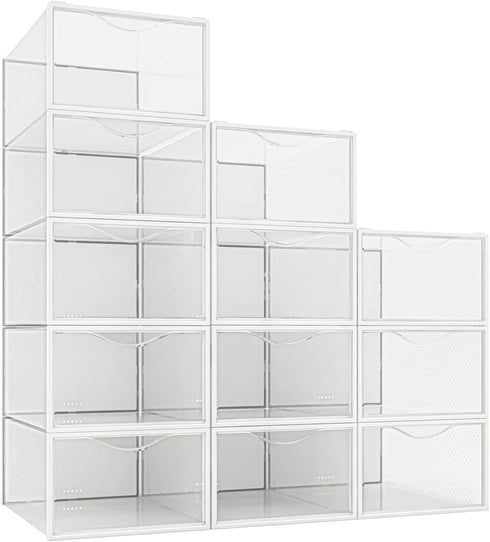 12 Pack Closet, Seseno Shoe Storage Bins, Clear Plastic Stackable Shoe Organizer for Space Saving Foldable Shoe Rack