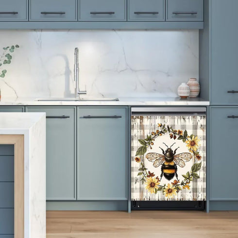 Bee Flower Wreath Dishwasher Magnet Decoration, 23Wx26H Wood Grain Texture Refrigerator Sticker for Farmhouse Kitchen