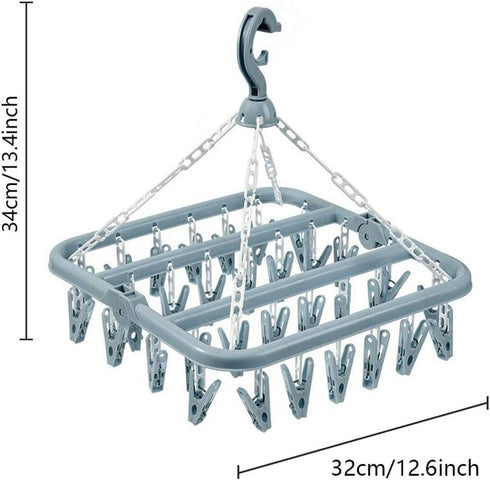 Clothes Drying Hanger with 32 Clips, Drip Foldable Hanging Rack (Light Blue)