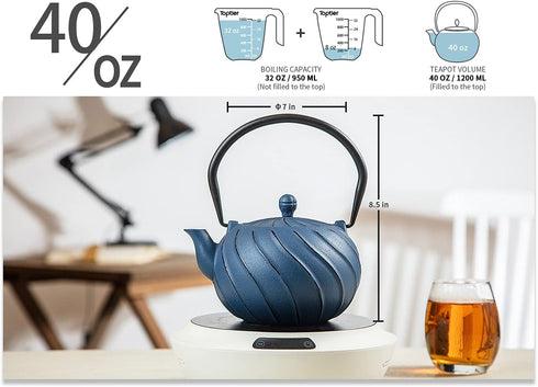 40 oz (1200 ml), TOPTIER Japanese Cast Iron Tea Kettle with Infuser for Loose Leaf and Tea Bags, Stovetop Safe