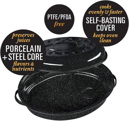 Granite Ware 15-Inch Covered Oval Roaster, 10 Lb Capacity, Enamel Steel Cookware, Dishwasher Safe, Speckled Black