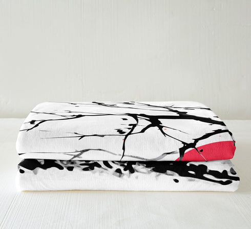 90"x90", Erosebridal Mount Fuji Blanket Throw, Mountain Cherry Branches Red Sun Ink Painting Japanese Style Ukiyo-E