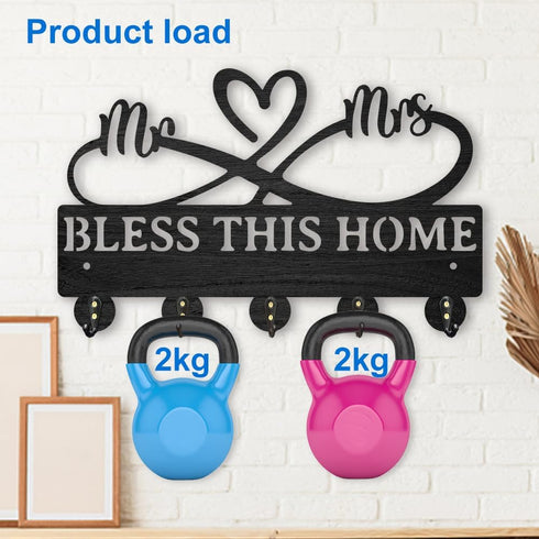 Mr Mrs Coat Rack Wall Mount, 11.8×7.3inch Wood Family Key Holder with 5 Alloy Hooks for Home Decor
