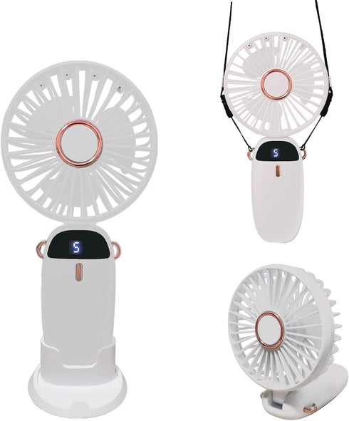 Portable Handheld Fan, Type-C Rechargeable 2000mAh Desk Personal Fan, 90° Adjustable Neck Fan with 5 Speed Wind (White)