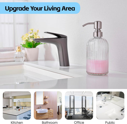 Glass Soap Dispensers for Kitchen and Bathroom - 16oz Heavy Glass Bottle with Stainless Steel Brushed Nickel Pump