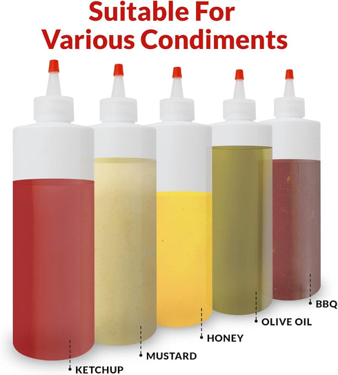 16 oz. 10 Pack 16 Reli. Plastic Squeeze Bottles, | | Condiment Squeeze Bottles for Sauces | Clear w/Red Tip Cap | Ounce