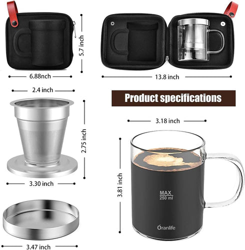 Pour Over Coffee Maker Set for Travel/Camping/Hiking, 14 Oz Borosilicate Glass Mug, Stainless Steel Coffee Filter