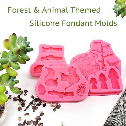 4Pcs/Set Forest Themed Fondant Molds, Animal Tree Trunk Squirrel Mushroom Pinecones Cake Decorating Tool Mold