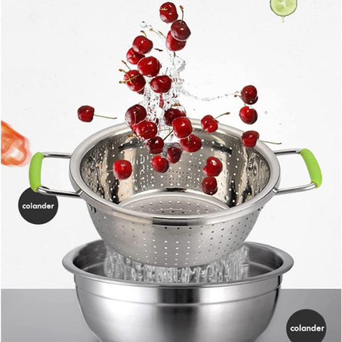Stainless Steel Deep Colander, 2.5 Quart Micro-perforated Food Strainer with Green Silicone Handles for Draining Pasta