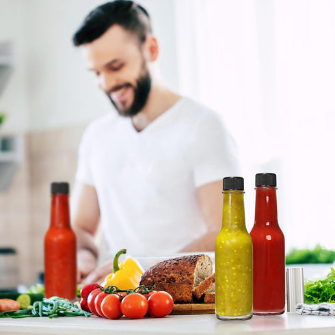 35 Pack 5 oz Woozy EkkoVla Clear Glass Hot Sauce Bottle with Black Caps and Orifice Reducers, Clear Bottles Empty Wine