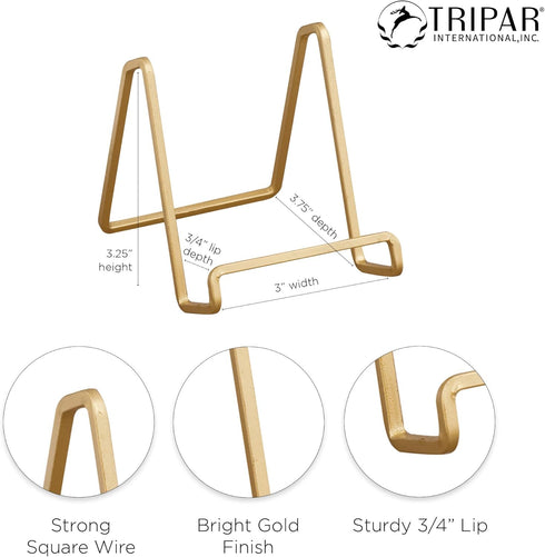 TRIPAR 3-Inch Metal Gold Painted Square Book Holder, Wire Mini Easel for Table, Display for Picture Frames, Plaques &