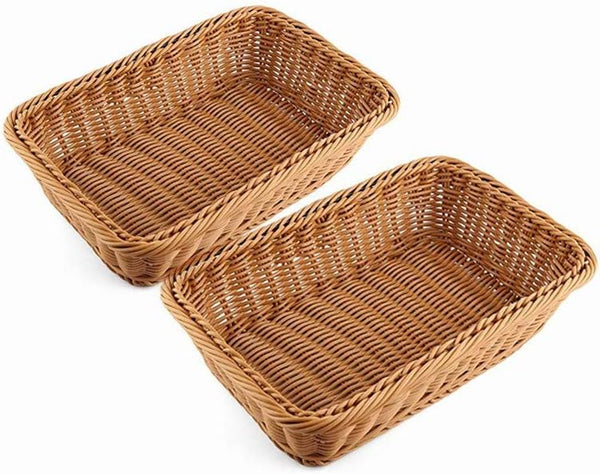 2pcs 11.8" Rectangle Imitation Rattan Bread Basket, Woven Tabletop and Vegetable Serving Basket, Brown