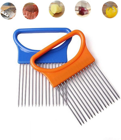 2Pcs Stainless Steel Onion Holder Slicer Cutter Tool for Kitchen Worker - Tomato, Lemon, Potato Vegetable Slicing