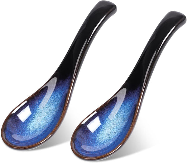 Asian Soup Spoon Set, 2pcs Blue Japanese Ceramic Soup Spoons for Ramen, Rice, and Stews