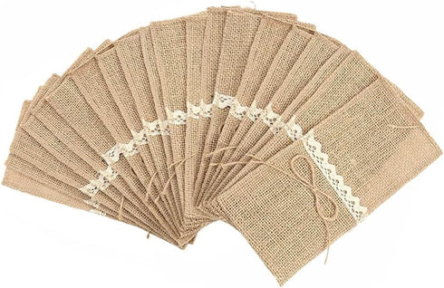 Alnicov Natural Burlap Lace Utensil Cutlery Holders Pouch,Jute Napkin Holders Bags for Vintage Wedding Party dinner Thanksgiving banquet Tableware Decorations(Jute Bow-20 Packs)