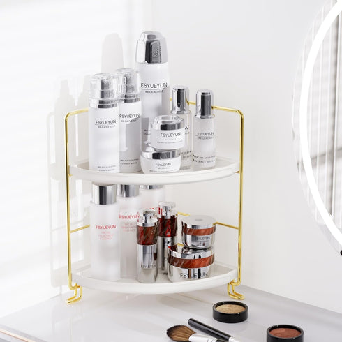 2-Tier Counter Countertop FSyueyun Corner Bathroom Organizer, Tool-Less Installation Vanity Shelf Small Plastics Makeup