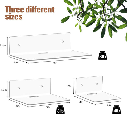 6 Pack 4'' 6'' 9'' Pinkunn Clear Acrylic Floating Shelves for Wall Small Floating Shelf No Drilling with Adhesive