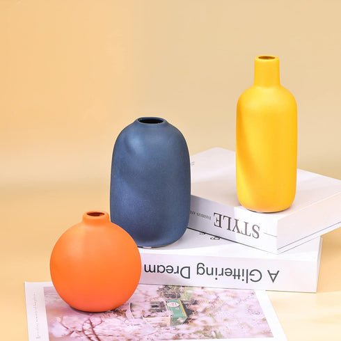 set 3 Cute Vase Matte Ceramic vases of Orange, Modern Boho Vases for Decor small vase,Centerpiece Table Decor japandi