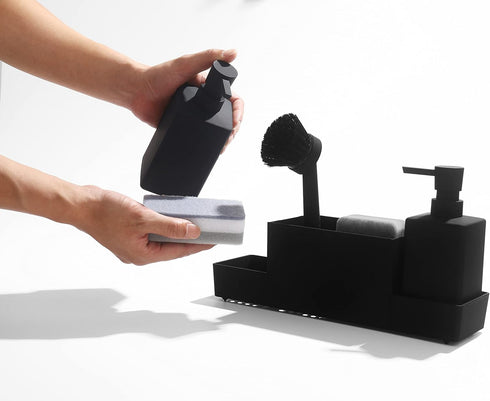 Set Kitchen Soap Dispenser with Sponge Holder for Sink Caddy, Hand Soap and Dish Soap Dispenser with Brush (Black)