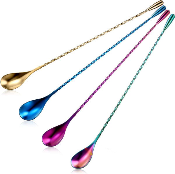 4 Pieces Cocktail Spoon Set, Long Handle Stainless Steel Spiral Pattern Mixing Shaker Spoon, 12 Inch, 4 Colors