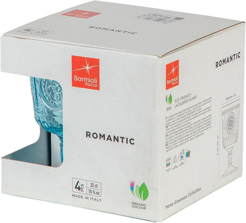 Bormioli Rocco Set of 4 Romantic Stemware Glasses, 10.75 Oz. Colored Crystal Glass, Light Blue, Made in Italy