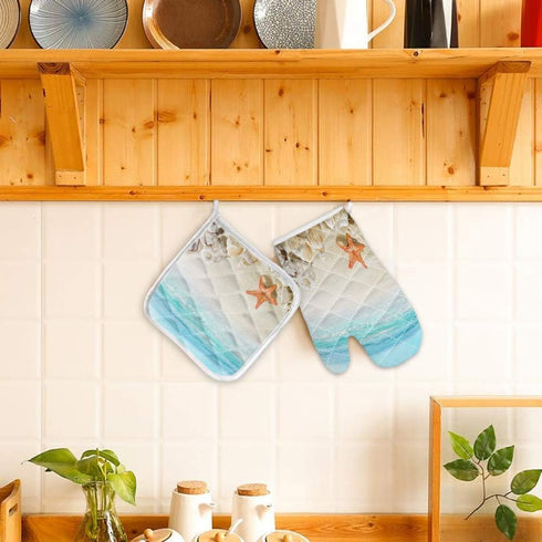 Sandy Beach Set of Oven Mitt and Pot Holder, Starfish Seashell Theme Oven Gloves for Kitchen BBQ Cooking